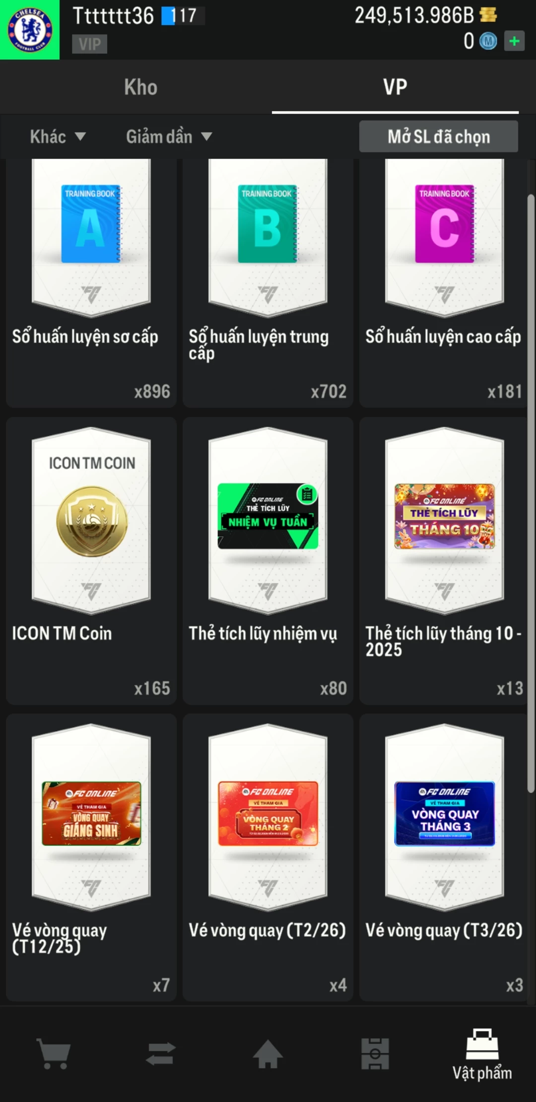 Ảnh ACC mở thẻ (LOẠI SVIP PROMAX) bao gồm có 02 thẻ +12, 04 thẻ PRIME (QH+, CP+, XS+, HĐ+) và hơn 1600+ thẻ cầu thủ từ Siêu sao đến Miền núi các loại. Acc có sẵn BP trắng từ 230.000 tỷ BP đến 250.000 tỷ BP kèm theo nhiều ngày SVIP